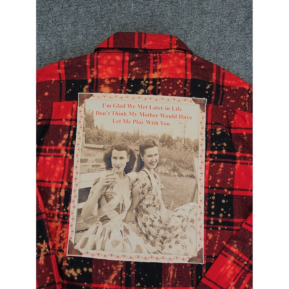 Angry Minnow Flannel Shirt Medium Red Plaid Graphic Back Patch Vintage NEW 1867